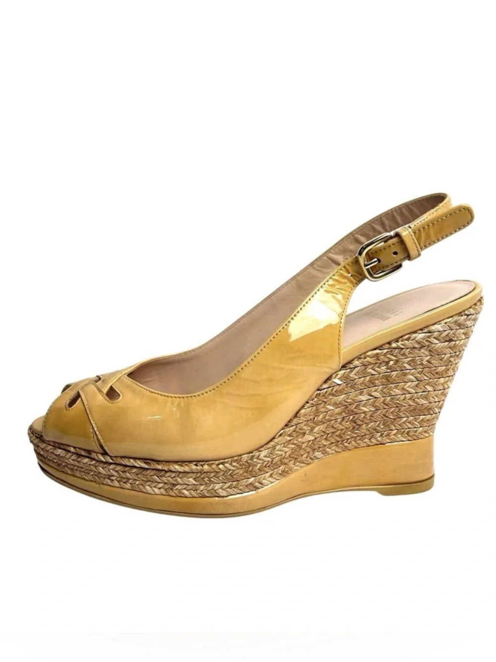 Stuart Weitzman Espadrille Peep Toe Wedge Heels Sandals Camel Tan Patent Leather
